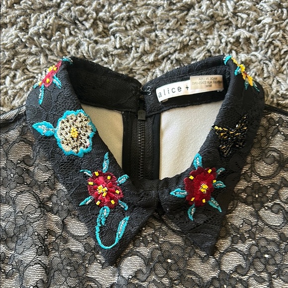 ALICE + OLIVIA Collared Beaded Bodysuit Long Black Lace Top Floral Embroidery M - Picture 2 of 14